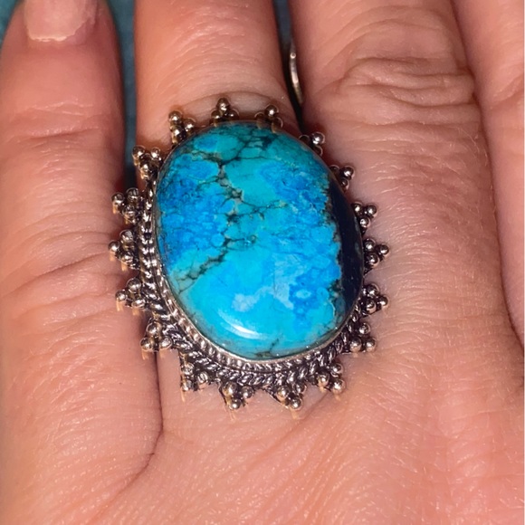 Kingman Turquoise Sunray Natural Gemstone 925 Handcrafted Ring - Picture 2 of 8